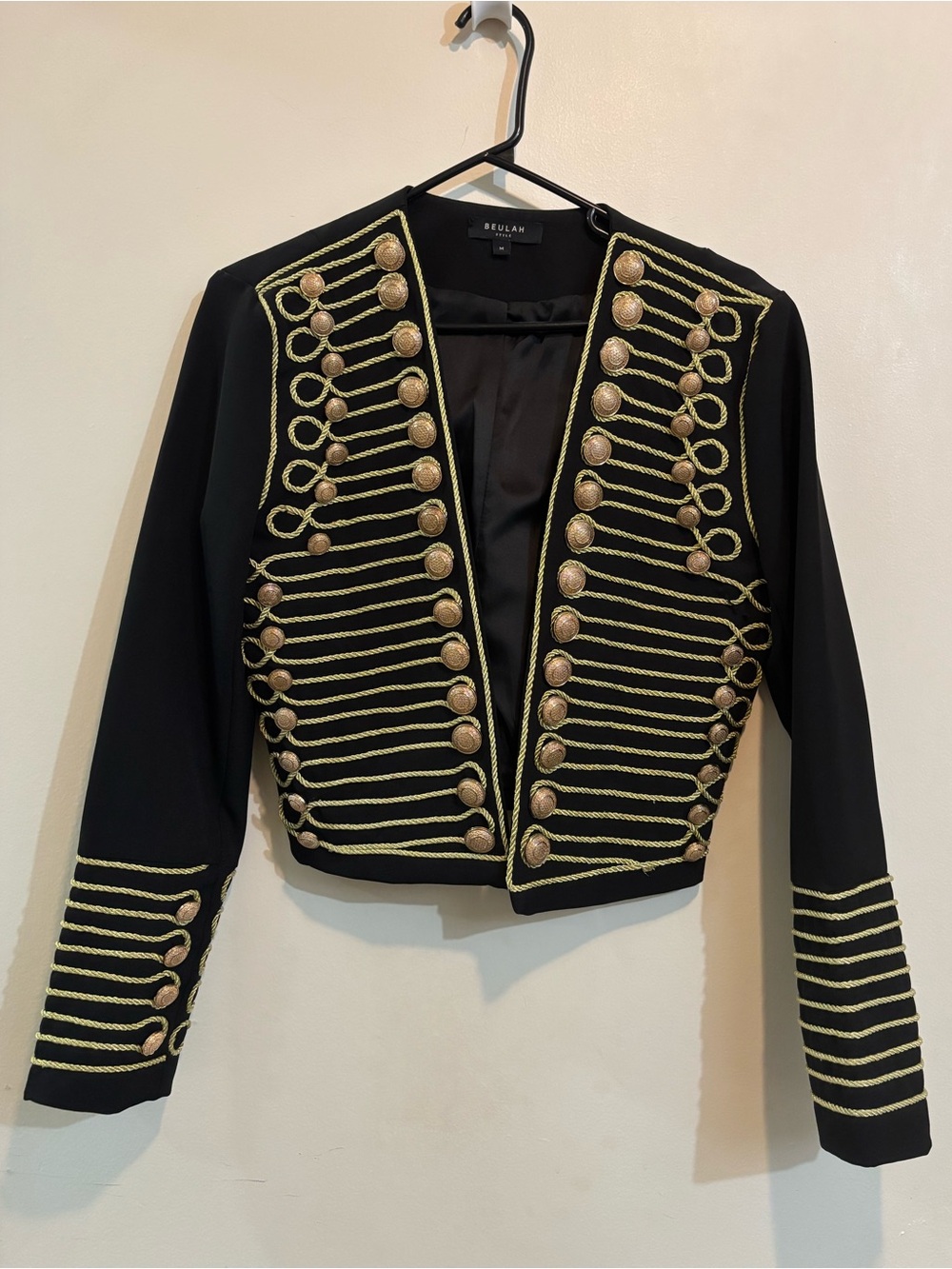 Beulah Black Cropped Military-Style Jacket with Gold Braid and Buttons